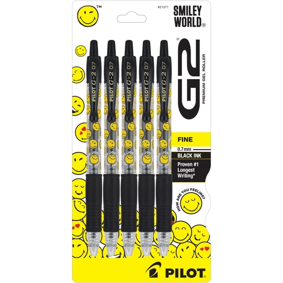 Pilot G2 Premium Gel Roller Pens, G2 SmileyWorld Collection, Fine Point, 0.7 mm, Black Ink, 5 Count