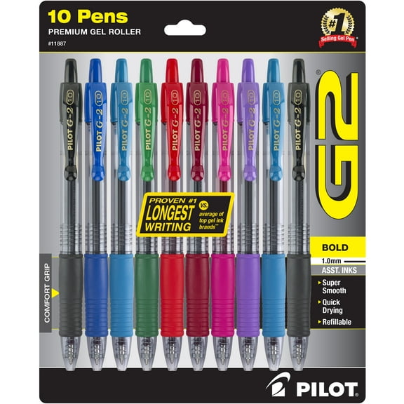 Pilot G2 Premium Retractable Gel Ink Pens, Bold Point (1.0 mm), Assorted Ink, 10 Count