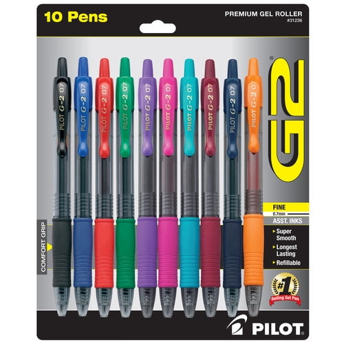 Pilot G2 Premium Retractable Gel Ink Pens, Fine Point (0.7 mm), Assorted Ink, 10 Count