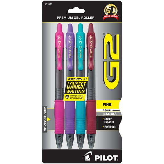Pilot G2 Premium Retractable Gel Ink Pens, Fine Point (0.7 mm), Assorted Ink, 4 Count