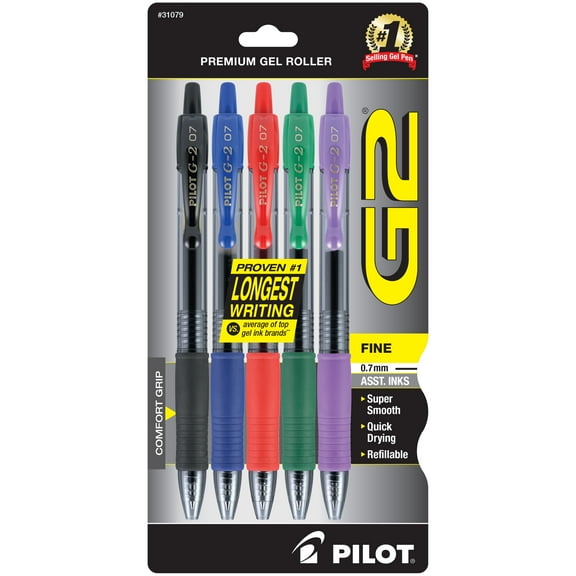 Pilot G2 Premium Retractable Gel Ink Pens, Fine Point (0.7 mm), Assorted Ink, 5 Count