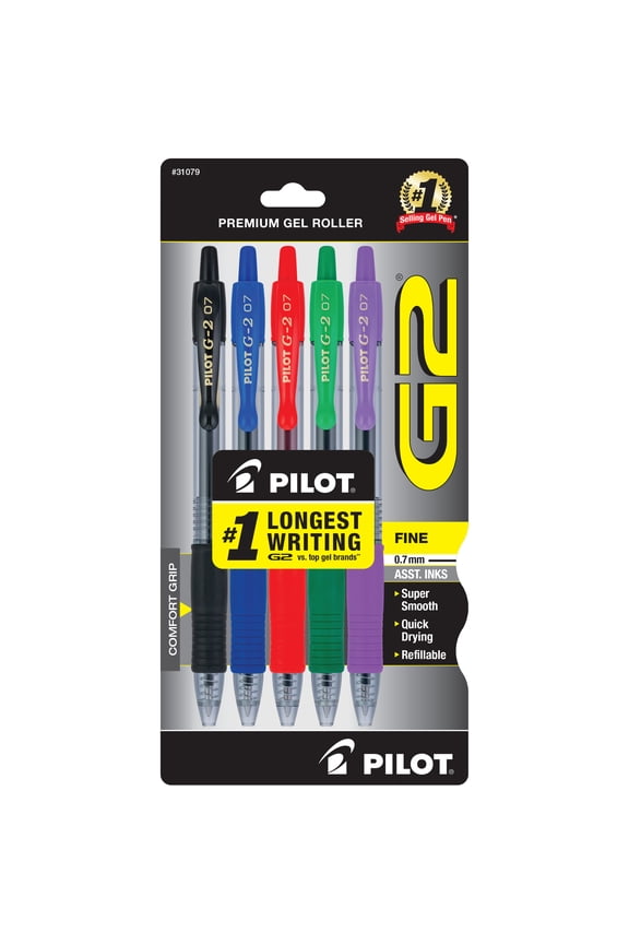 G2 Premium Retractable Gel Ink Pens, Fine Point (0.7 mm), Assorted Ink, 5 Count
