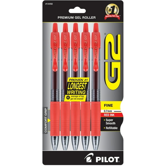 Pilot G2 Premium Retractable Gel Ink Pens, Fine Point, Red, 5 Count
