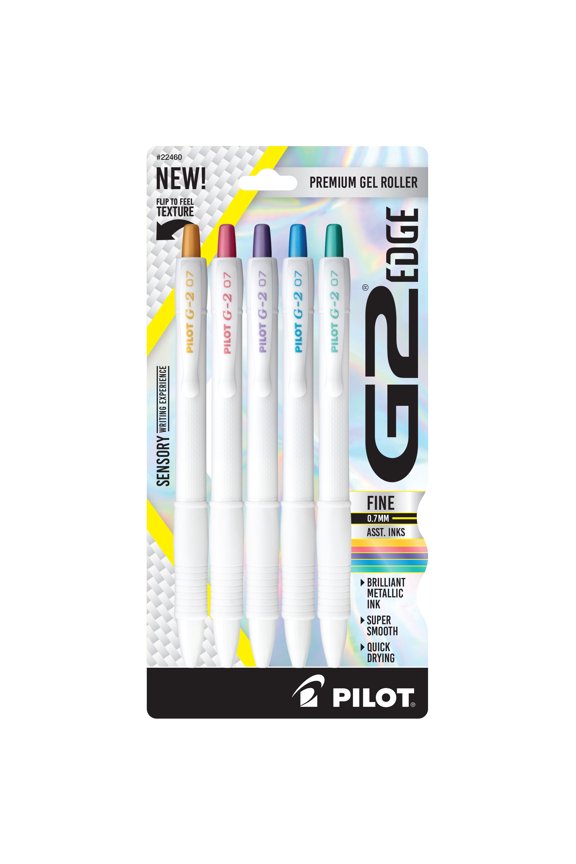 G2 Edge White Premium Gel Pens, Retractable, Fine Point, 0.7mm, Assorted Metallic Colors, 5 Count