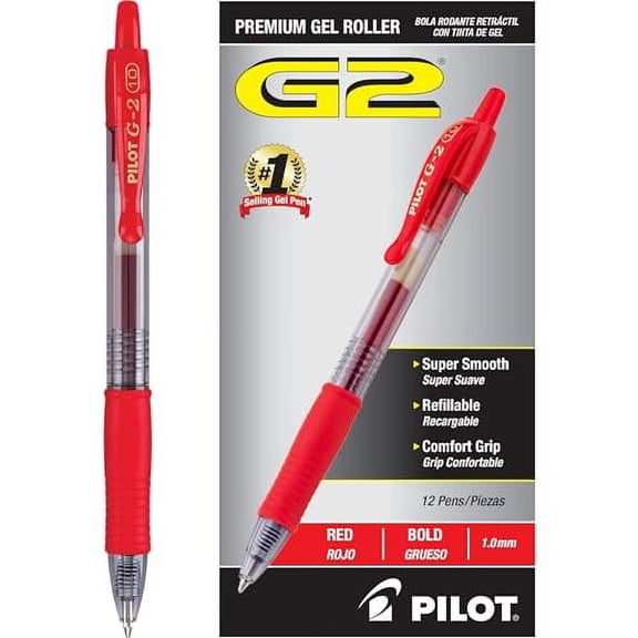 Pilot G2 Premium Retractable Gel Ink Rolling Ball Pen, Bold Point, Red Ink, 12 Count