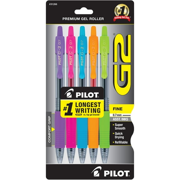 Pilot G2 Premium Retractable Gel Ink Rolling Ball Pen, Fine Point, Assorted Ink, 5 Count