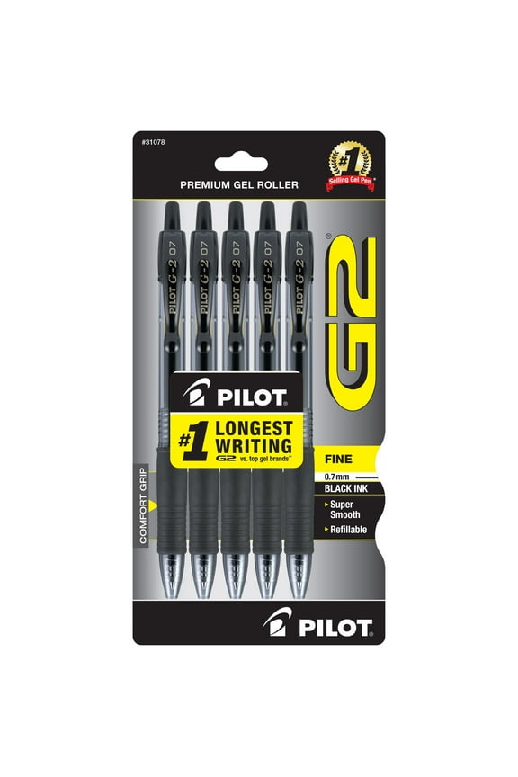 G2 Retractable Gel Ink Pens, Fine Point, 0.7mm. Black Ink, 5 Pack