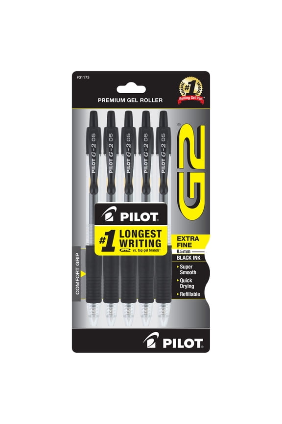 G2 Premium Retractable Gel Ink Pens, Extra Fine Point, Black, 5 Count