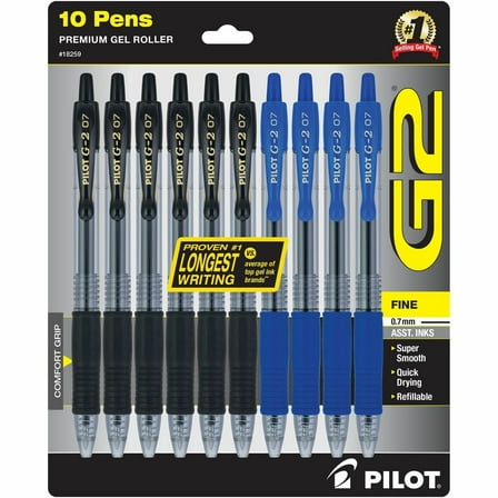 Pilot G2 Premium Retractable Gel Ink Pens Fine Point, Black and Blue Ink, 10 Count
