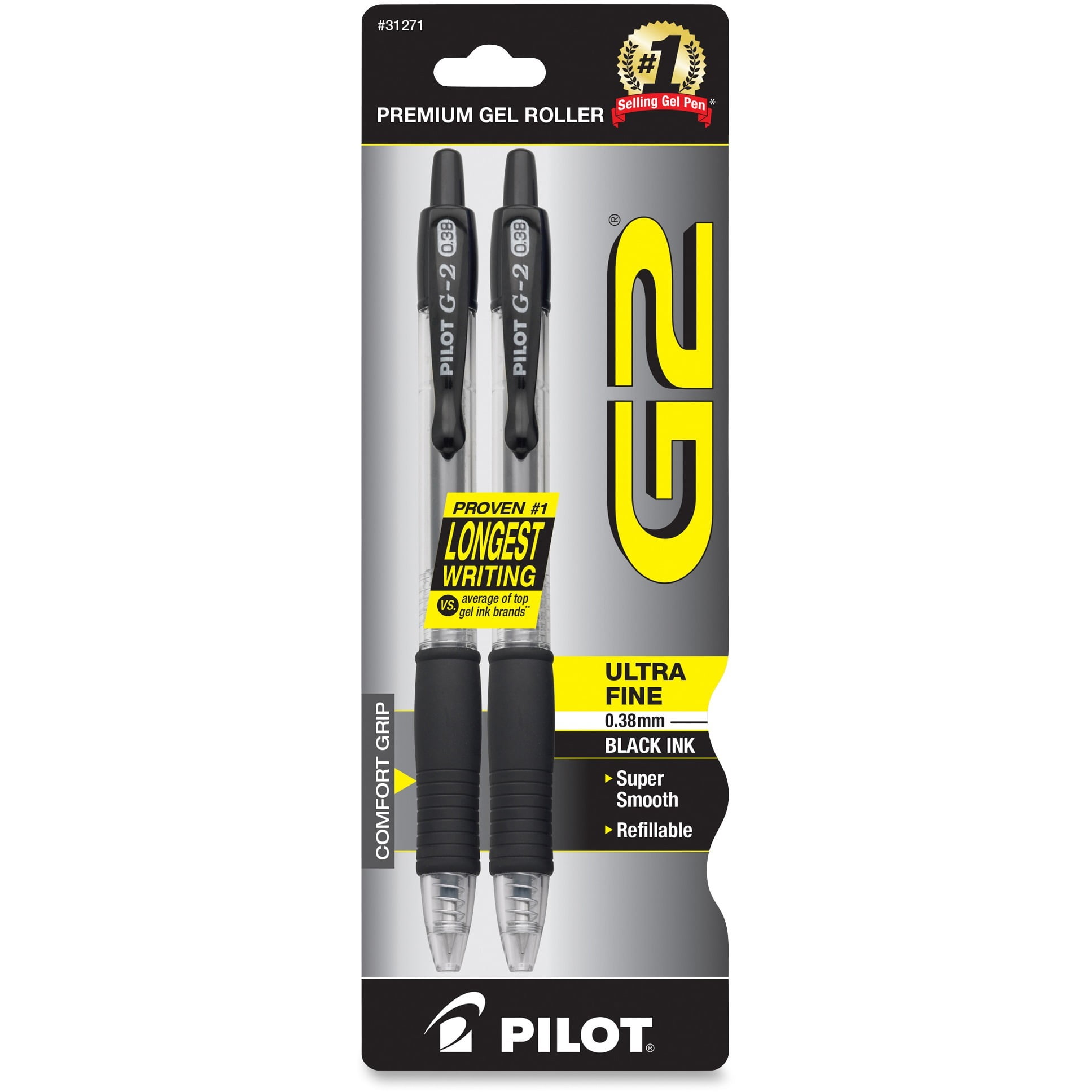 Pilot G2 Pens, Gel Roller, Ultra-Fine Point 0.38 mm, Black - 2 pens