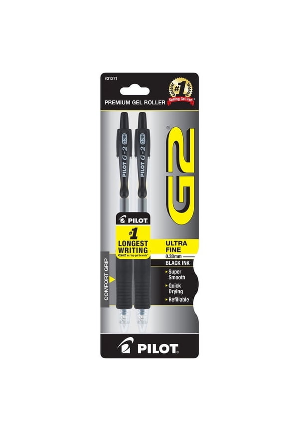 G2 Premium Retractable Gel Ink Pens, Ultra Fine Point, 0.38 mm, Black Ink, 2 Pack