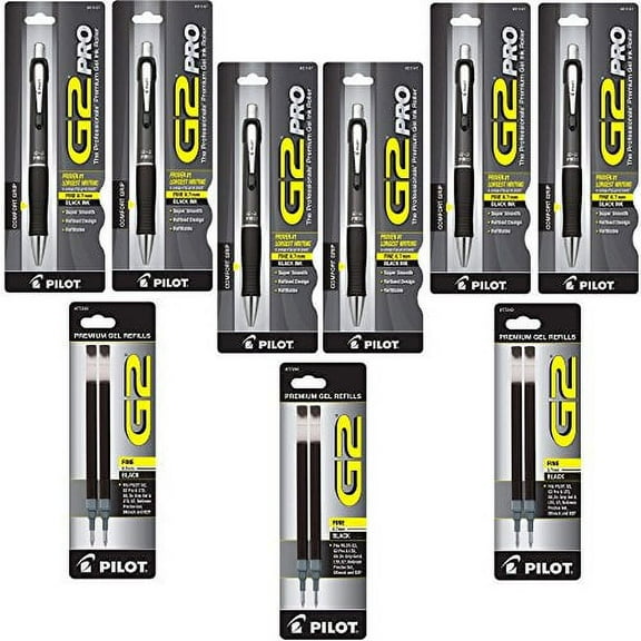 Pilot G2 Pro Retractable Gel Ink Roller Ball Pen, Fine Point, Gray Barrel, Black Ink (31147) 6 Pens with 6 Black Ink Refills