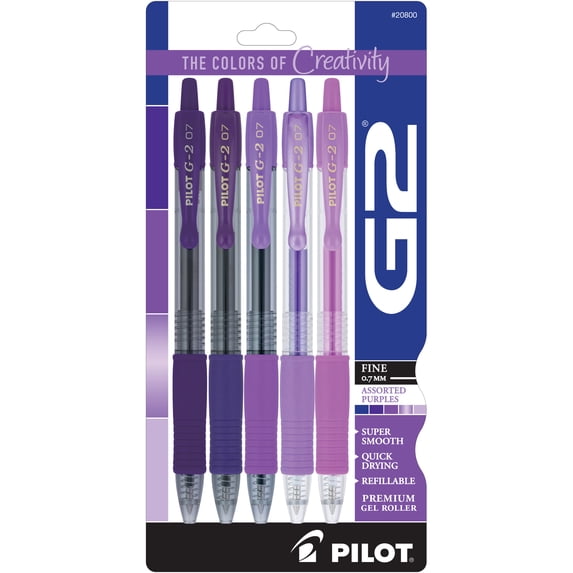 Pilot G2 Retractable Gel Pens, Fine Point 0.7mm, Purple Hues, 5 Count