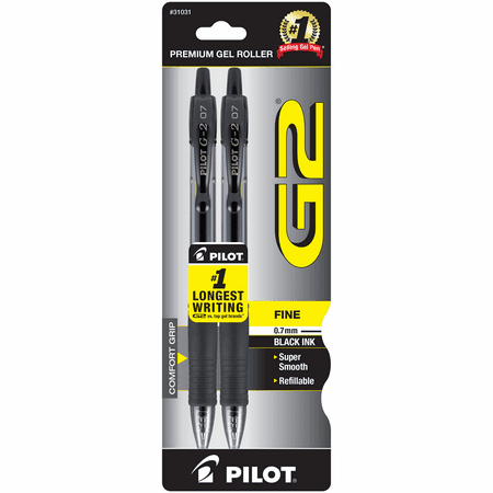 Pilot G2 Retractable Gel Ink Pens, Fine Point, Black, 2 Pack,