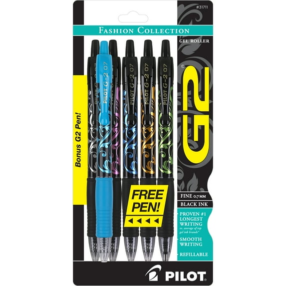 Pilot G2 Retractable Fashion Gel Pen, Fine Point, Black, 5 Count with Bonus Pen