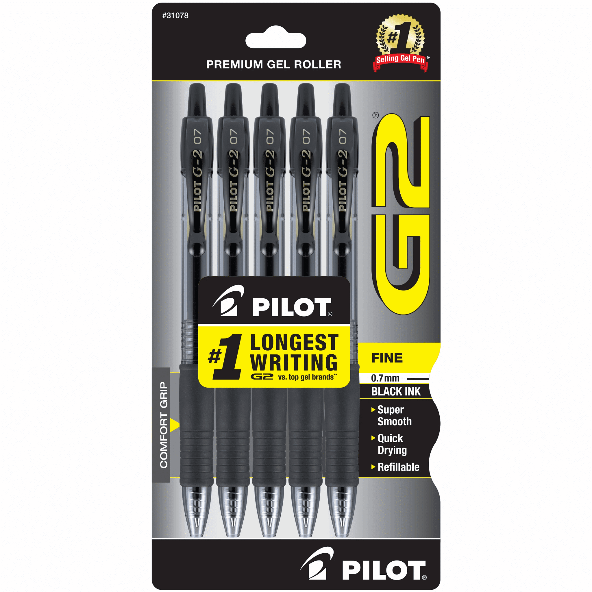 Pilot G2 Retractable Gel Ink Pens, Assorted Point Sizes, Assorted Colors, 5 Count
