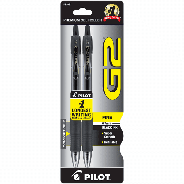 Pilot G2 Retractable Gel Ink Pens, Fine Point, Black, 2 Pack,