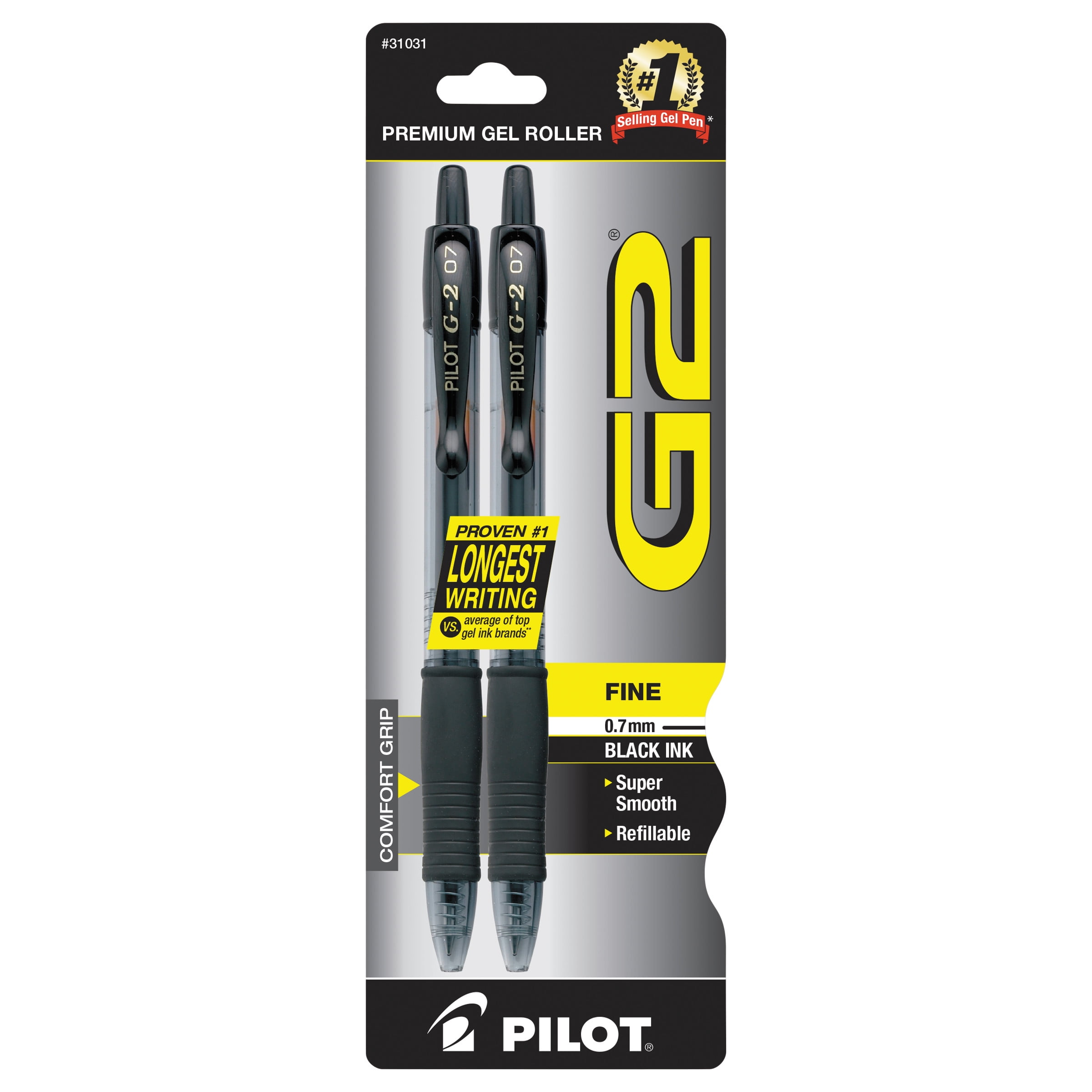 Pilot G2 Retractable Gel Ink Pens, Fine Point, Black, 2 Pack, 17510772 