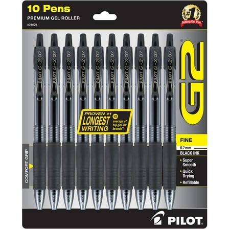 Pilot G2 Retractable Gel Ink Pens, Fine Point, 0.7 mm, Black Ink, 10 Pack