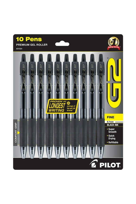 G2 Retractable Gel Ink Pens, Fine Point, 0.7 mm, Black Ink, 10 Pack