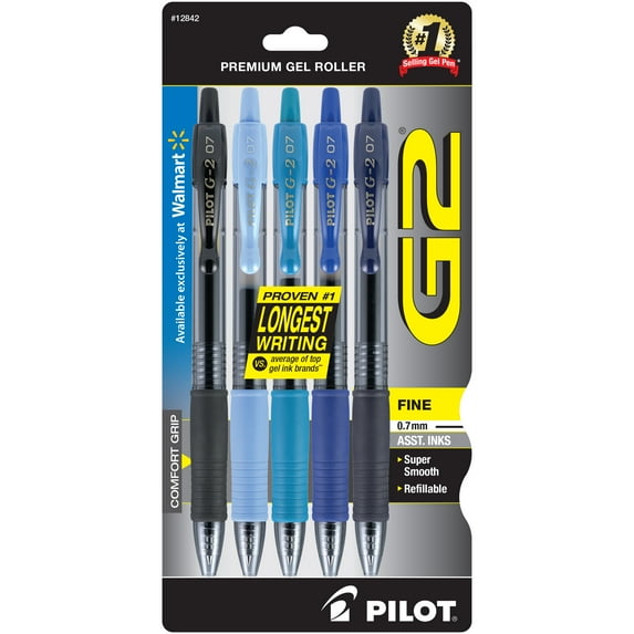 Pilot G2 Retractable Gel Ink Pens, Fine Point, 0.7 mm, Assorted Ink Colors, 5 Pack