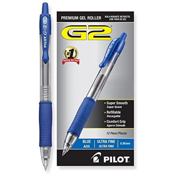 Pilot G2 Retractable Gel Ink Pens, Ultra Fine Point, 0.38 mm, Blue Ink, 12 Count