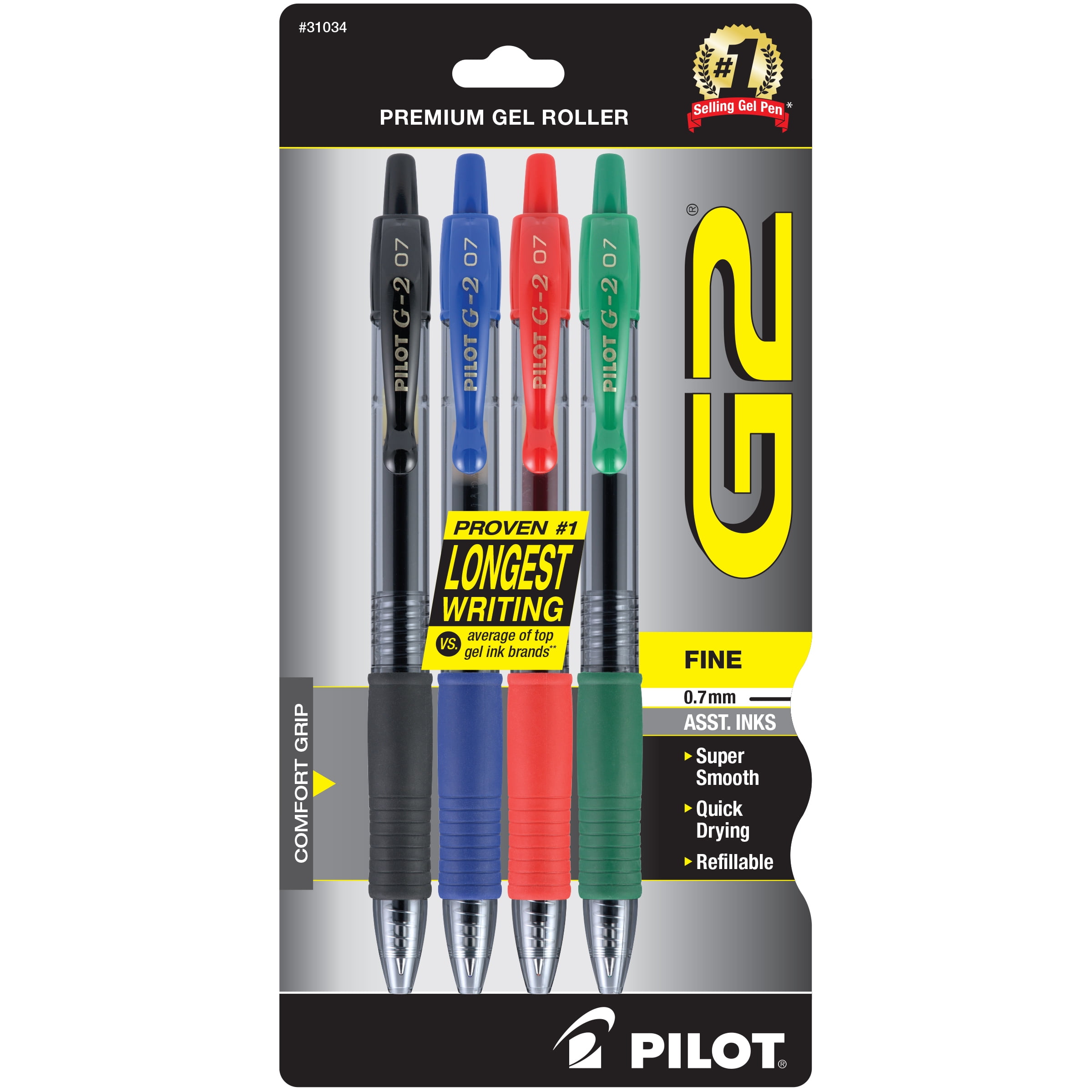 Pilot G2 Retractable Gel Rolling Ball Pens, Fine Point, Assorted Ink - 4 pack