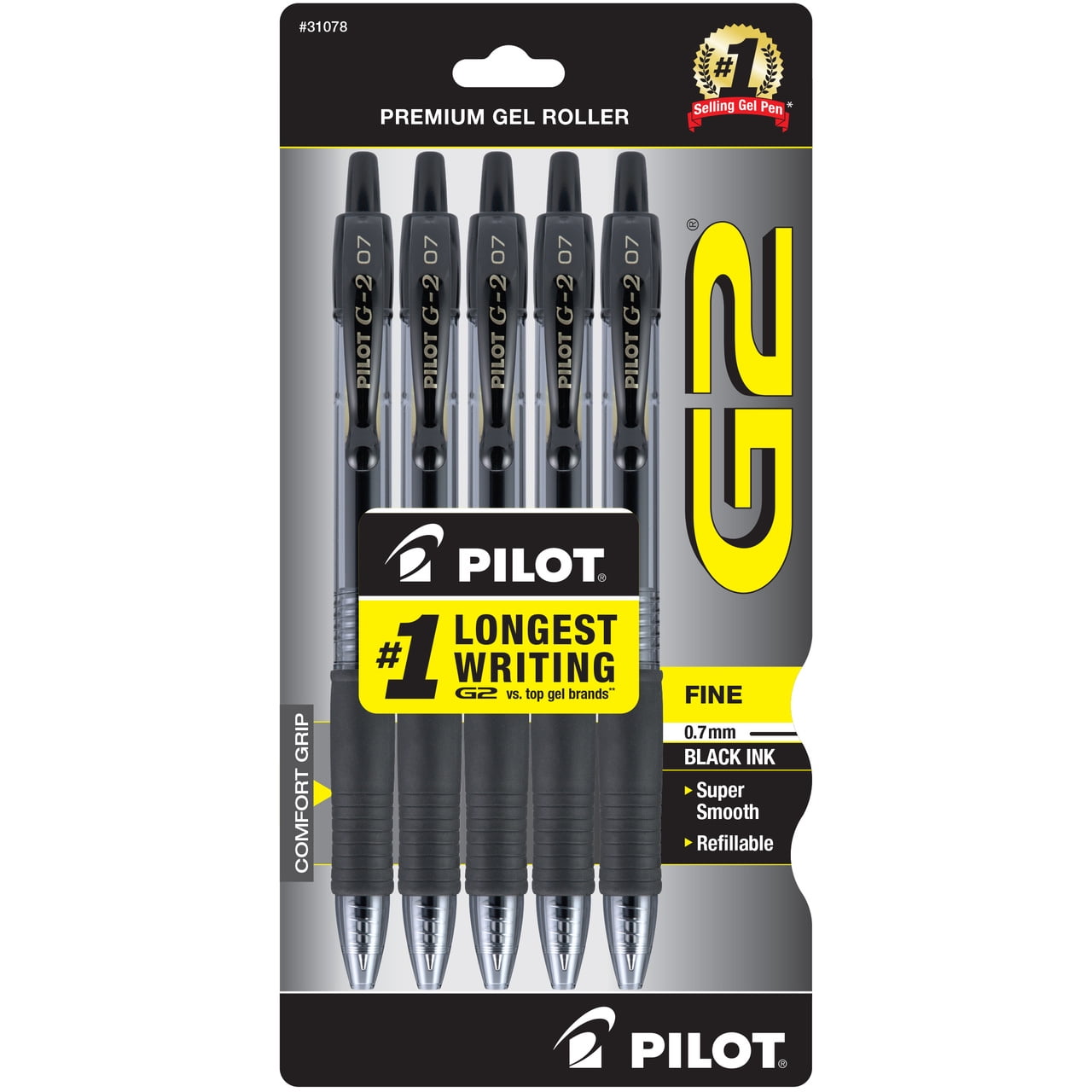 Pilot G2 Retractable Gel Ink Rolling Ball Pen Set, 5-Pen Set, Black
