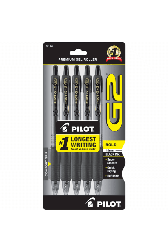 G2 Retractable Gel Ink Pens, Bold Point, 1.00 mm, Black Ink, 5 Count