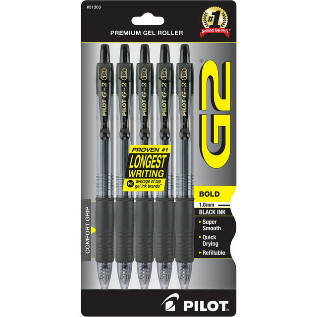Pilot G2 Retractable Gel Pen Bold Point Black Ink 5 Pack