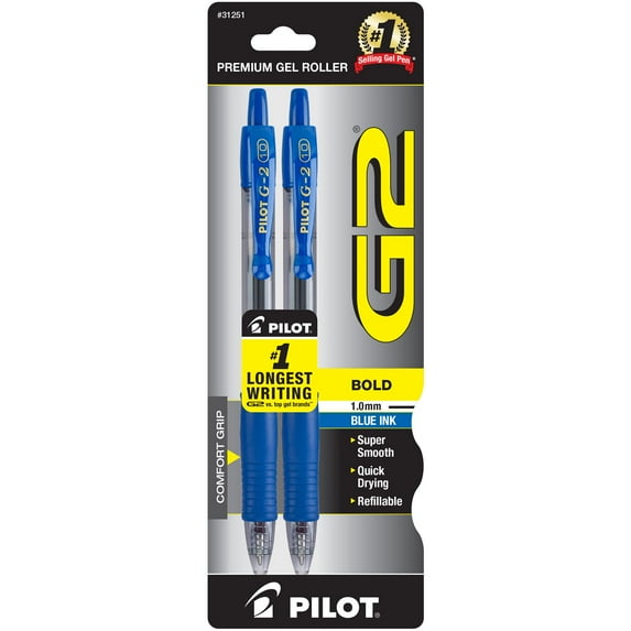 Pilot G2 Retractable Gel Pens, Bold Point, Blue, 2 Count