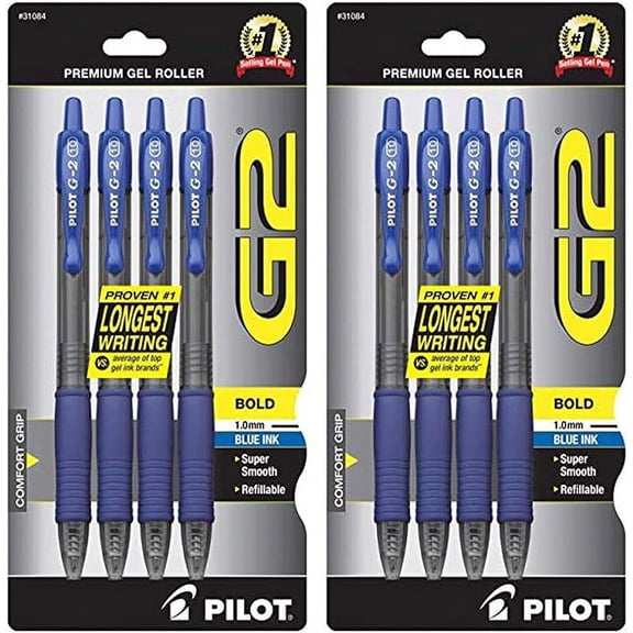 Pilot G2 Retractable Premium Gel Ink Roller Ball Pens Bold Point 4-Pack Blue Ink (31084) 2 Pack