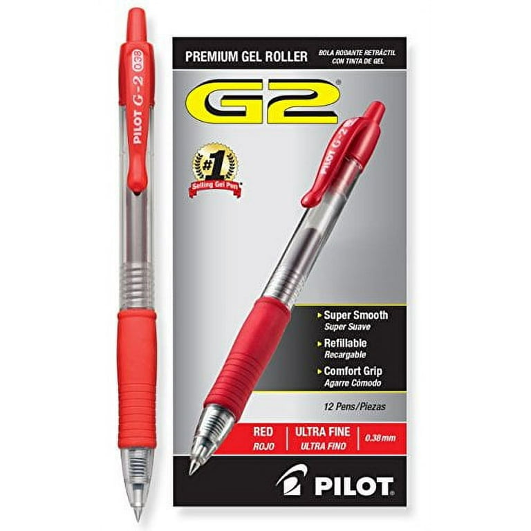 Pilot G2 Retractable Premium Gel Ink Roller Ball Pens Ultra Fine (.38)  Dozen Box Red ; Retractable, Refillable & Premium Comfort Grip; Smooth  Lines to