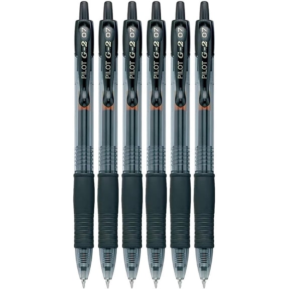 Pilot G2 Retractable Roller Ball Pens, Fine Point (.7mm), Black Ink 6-pk, Refillable & Comfort Grip Bundle
