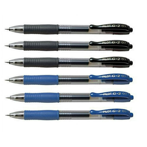 Pilot G2 pens retractable Gel Roller ballpoint 07 Fine pt Black & Blue Bundle (6)