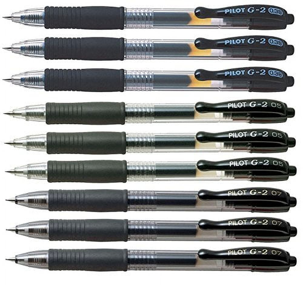 Pilot G2 retractable Black Gel Roller ballpoint pens, assorted point sizes (3 x Ultra Fine 0.38, 3 x Extra Fine pt 05, 3 x Fine pt 07)