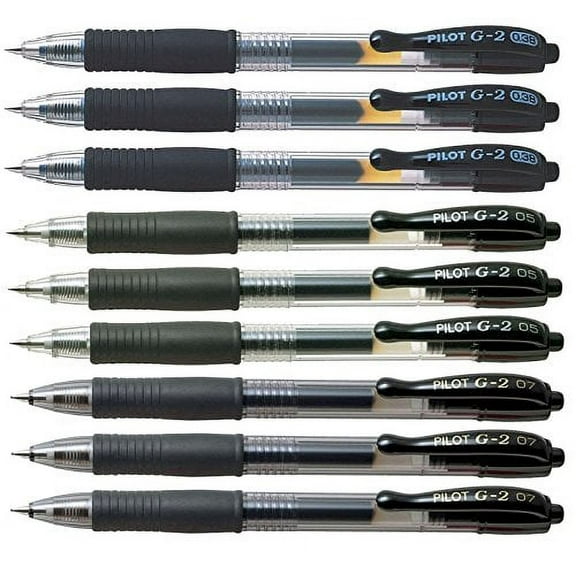 Pilot G2 retractable Black Gel Roller ballpoint pens, assorted point sizes (3 x Ultra Fine 0.38, 3 x Extra Fine pt 05, 3 x Fine pt 07)