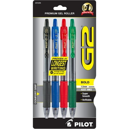 Pilot G2 Retractable Gel Ink Pens, Bold Point, Asst, 4 Pack, 20882661