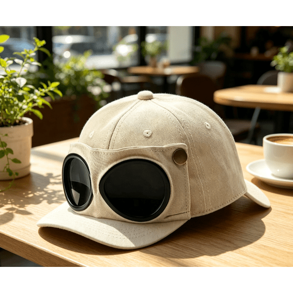 Pilot Goggles Baseball Cap, Korean-Style Pilot Baseball Cap, Aviator Hat with Goggles Baseball Cap Beige