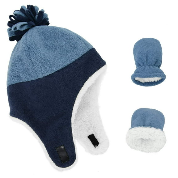 Pilot Hat for Kid Warm Fleece Beanie Cap Toddler with Earmuffs Trapper Hat and Mitten Set for Boys and Girls Sherpa Lined Earflap Cap Infant Navy & Blue 2-4Years