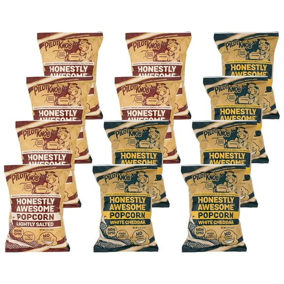 Pilot Knob Honestly Awesome Popped Premium Kernels Gourmet Popcorn Gluten-Free Non-GMO Snacks, Assortment 6 Lightly Salted, 6 White Cheddar Flavors - 12 Pack
