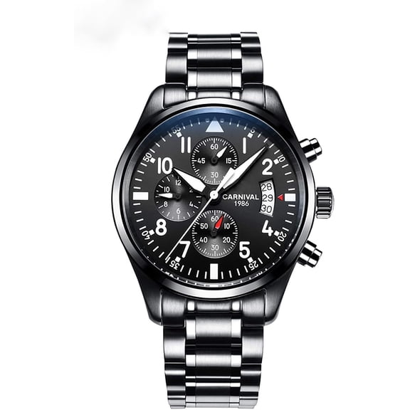 Pilot Military Watches Men's Complications Automatic Watch Luminous Calendar Moon Phase 24-Hours Black