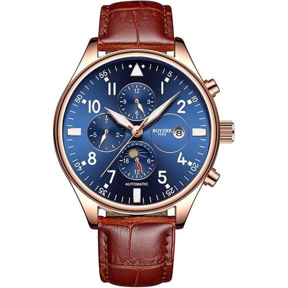 Pilot Military Watches Men's Complications Automatic Watch Luminous Calendar Moon Phase 24-Hours Black