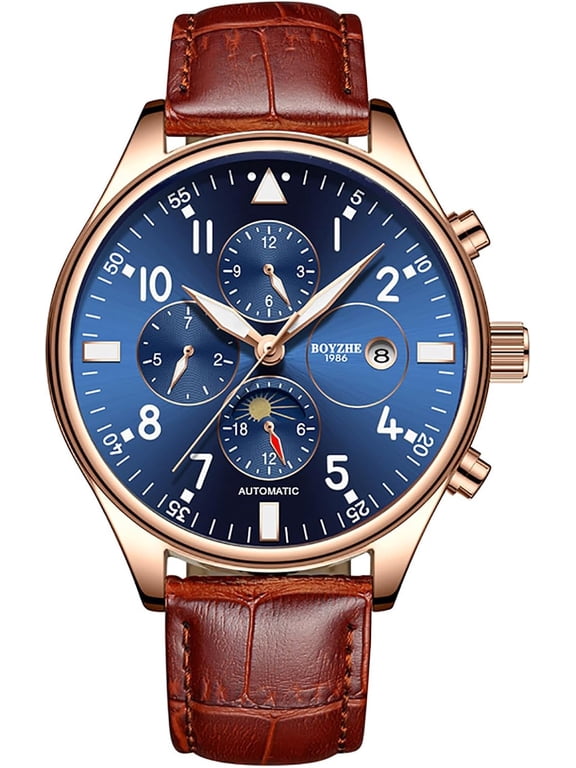 Pilot Military Watches Men's Complications Automatic Watch Luminous Calendar Moon Phase 24-Hours Black