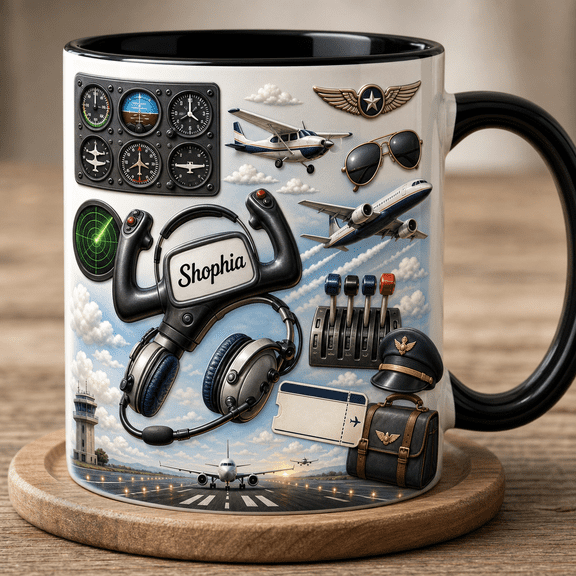 Pilot Mug 2D Printed 3D Effect Personalized Pilot Gift with Airplane Cockpit Design