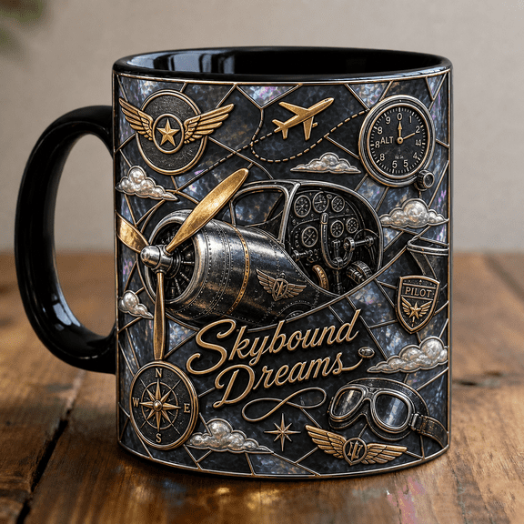 Pilot Mug 3D Effect with Airplane, Clouds & Compass Design, Aviation Gift
