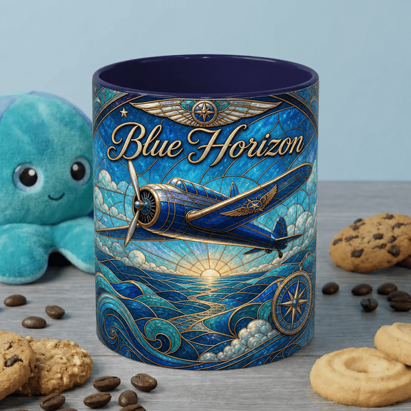 Pilot Mug Blue Horizon Airplane Coffee Cup, Sky and Sea Gift for Aviators