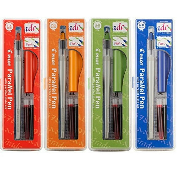 Pilot Parallel Calligraphy Pen Set, 1.5 mm, 2.4 mm, 3.8 mm and 6 mm with Ink Cartridge (P9005SET)