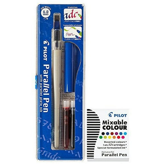 Pilot Parallel Calligraphy Pen Set, 6.0mm Nib, Blue Cap with Black and Red Ink, Plus 12 Assorted Color Ink Refills