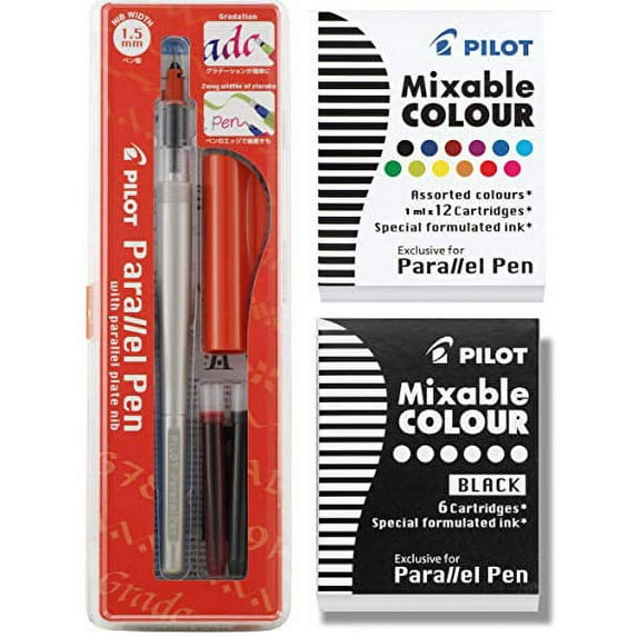 Pilot Parallel Pen 2-Color Calligraphy Pen Set with Black and Assorted Colors Ink Refills, 1.5 mm Nib (90050)